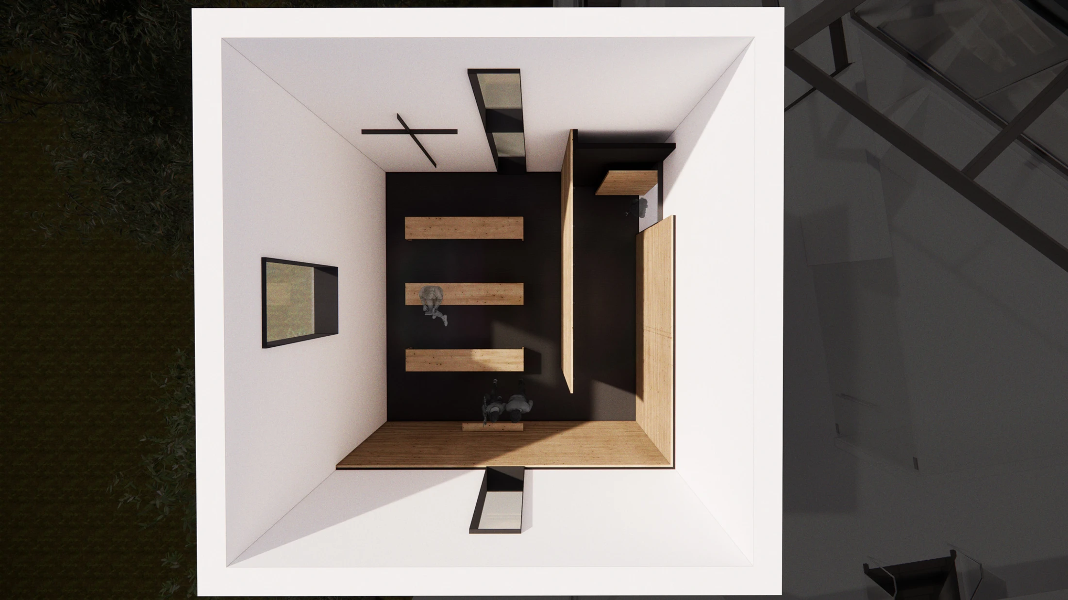 An architectural rendering from a bird's-eye view, showing a minimalist room with white and black walls, wood floors, and floating shelves with small figures.