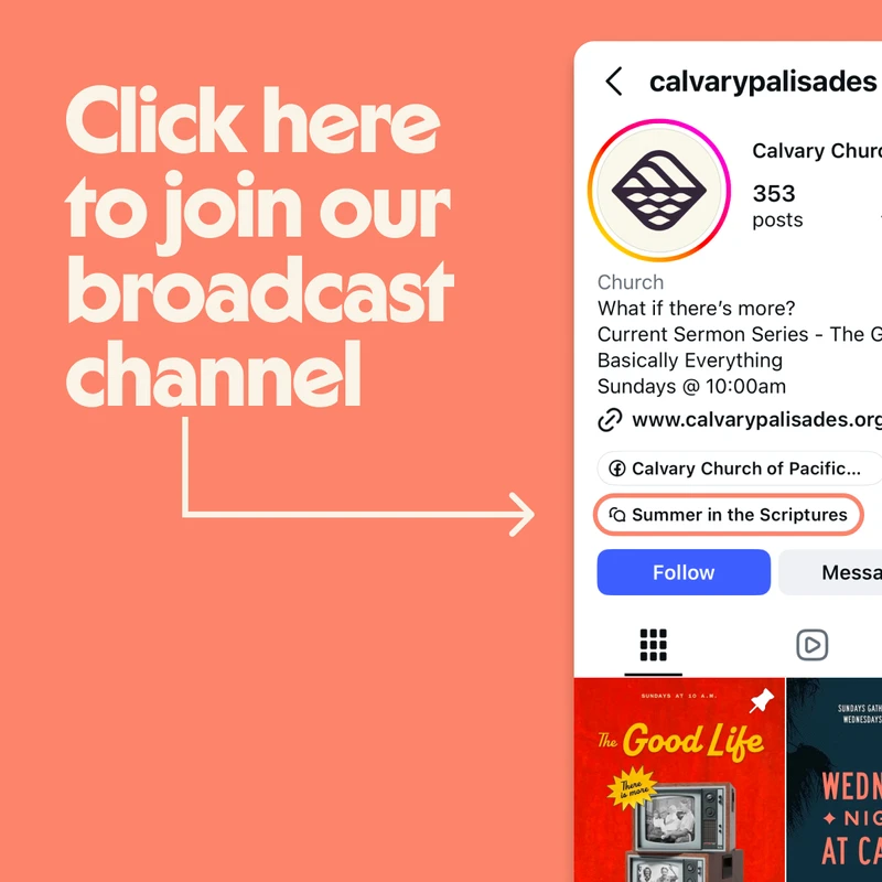 A graphic on a salmon background instructing users how to join a broadcast channel, with an arrow pointing to a screenshot of an Instagram profile.