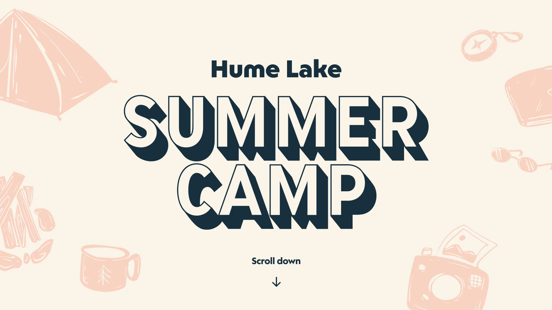 A graphic for Hume Lake Summer Camp with stylized 3D text surrounded by pink illustrations of camping items like a tent, camera, and campfire.