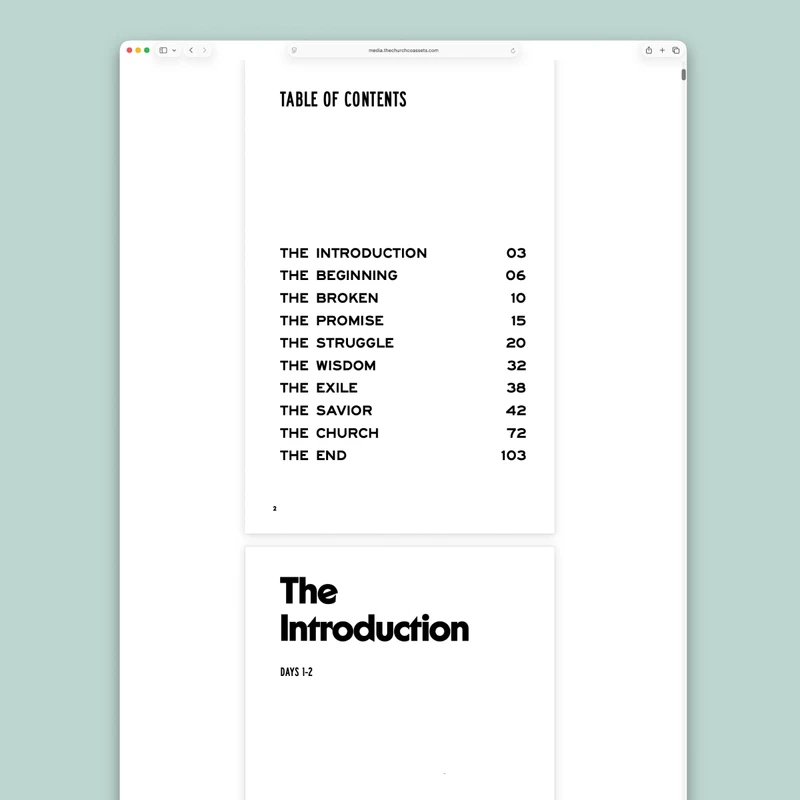 A web browser shows a document's table of contents and the first chapter, 'The Introduction.' The design is minimalist with bold, black text on a white page.