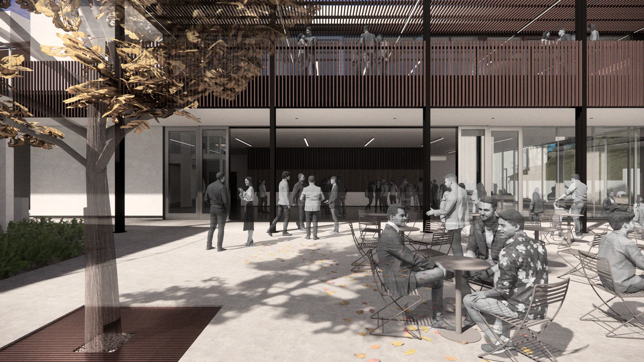 A rendering of a modern two-story building with a busy outdoor courtyard. People are socializing at tables, standing in groups, and on the upper balcony.