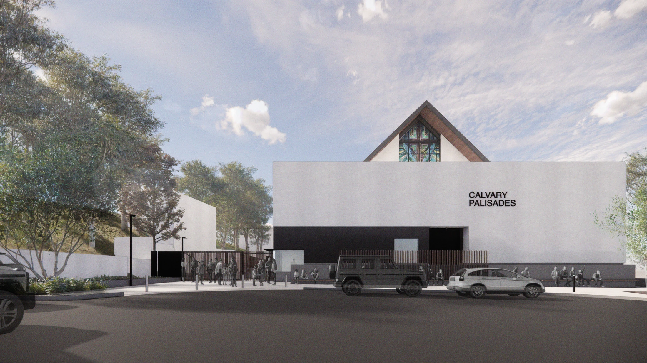 An architectural rendering of the modern Calvary Palisades church, featuring a minimalist white and black facade with a traditional steeple visible behind it.