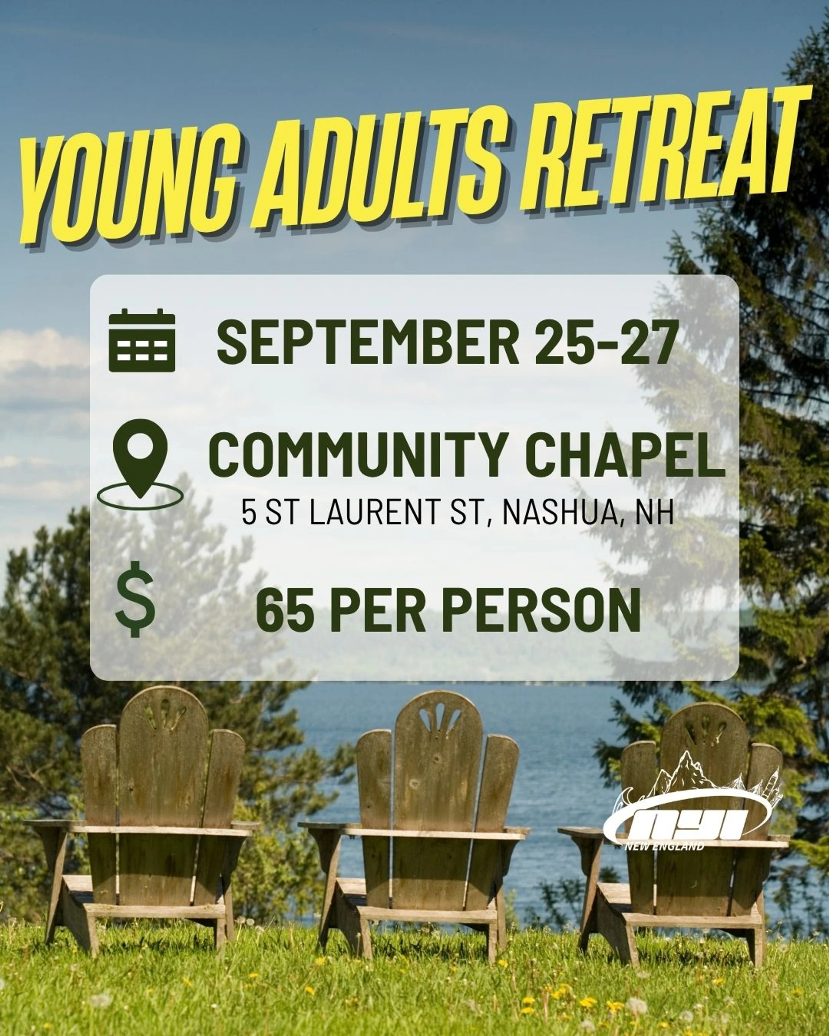 <span class="h2"><span class="h3" style="font-weight: normal;">Join us this September for a time of worship, community, and renewal! Young Adults Retreat is a time to step away from normal life, connect with young adults from across our region, and grow in faith together. Throughout the weekend, we’ll encounter Jesus through worship services, small group conversations, prayer, laughter, friends, and rest. We’re so excited to see you there!</span></span>