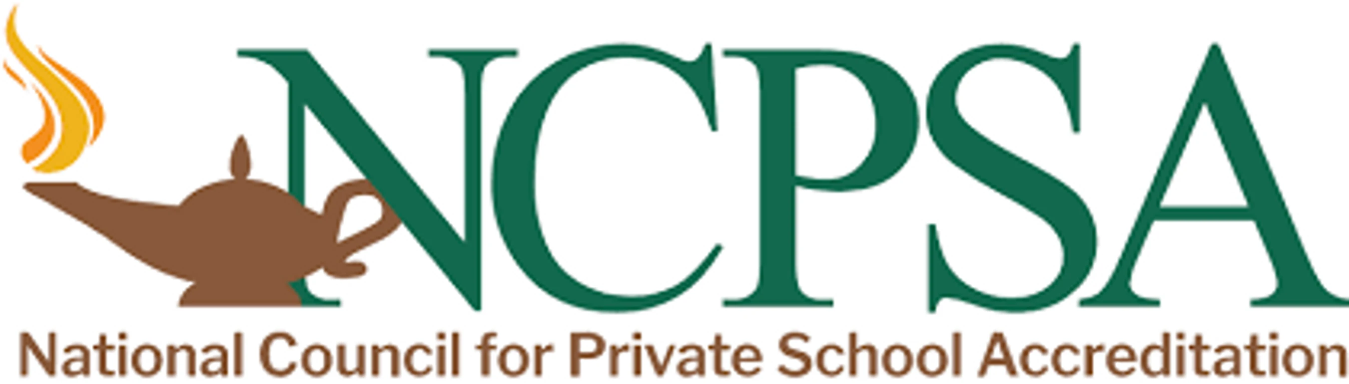 Logo for the National Council for Private School Accreditation (NCPSA), featuring a brown oil lamp with a flame next to the green acronym NCPSA.