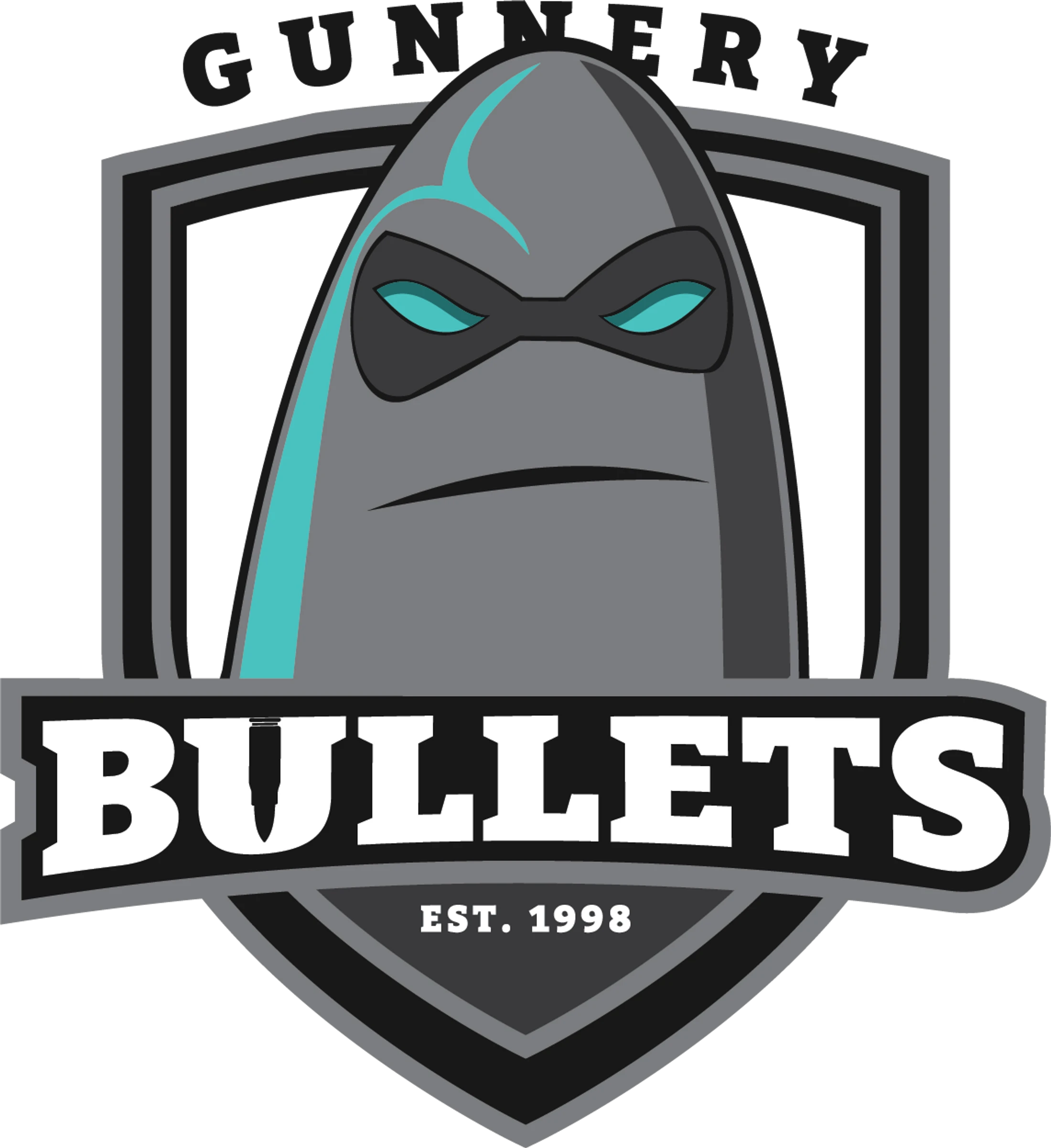 Logo for the Gunnery Bullets featuring a cartoon bullet mascot with a mask and turquoise eyes, set inside a grey and black shield.