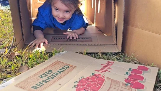 A smiling young girl in a blue shirt crawls on her hands and knees out of a large cardboard apple box that is sitting on the grass outdoors.