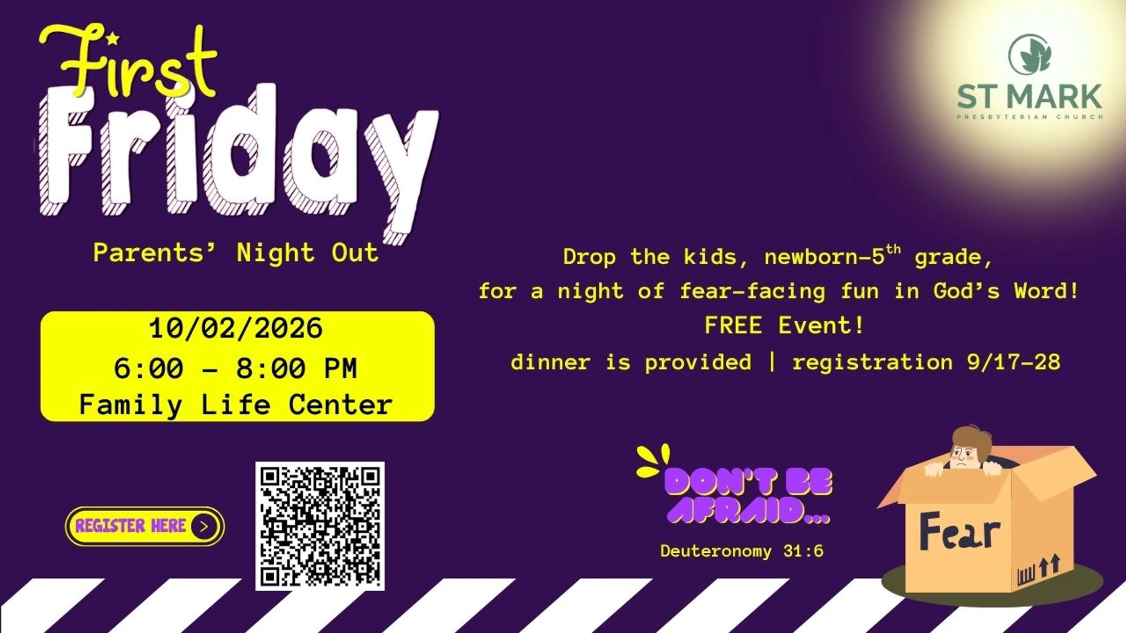 Flyer for 'First Friday Parents' Night Out' on October 2, 2026. A free church event for kids with a 'Don't Be Afraid' theme and a QR code to register.