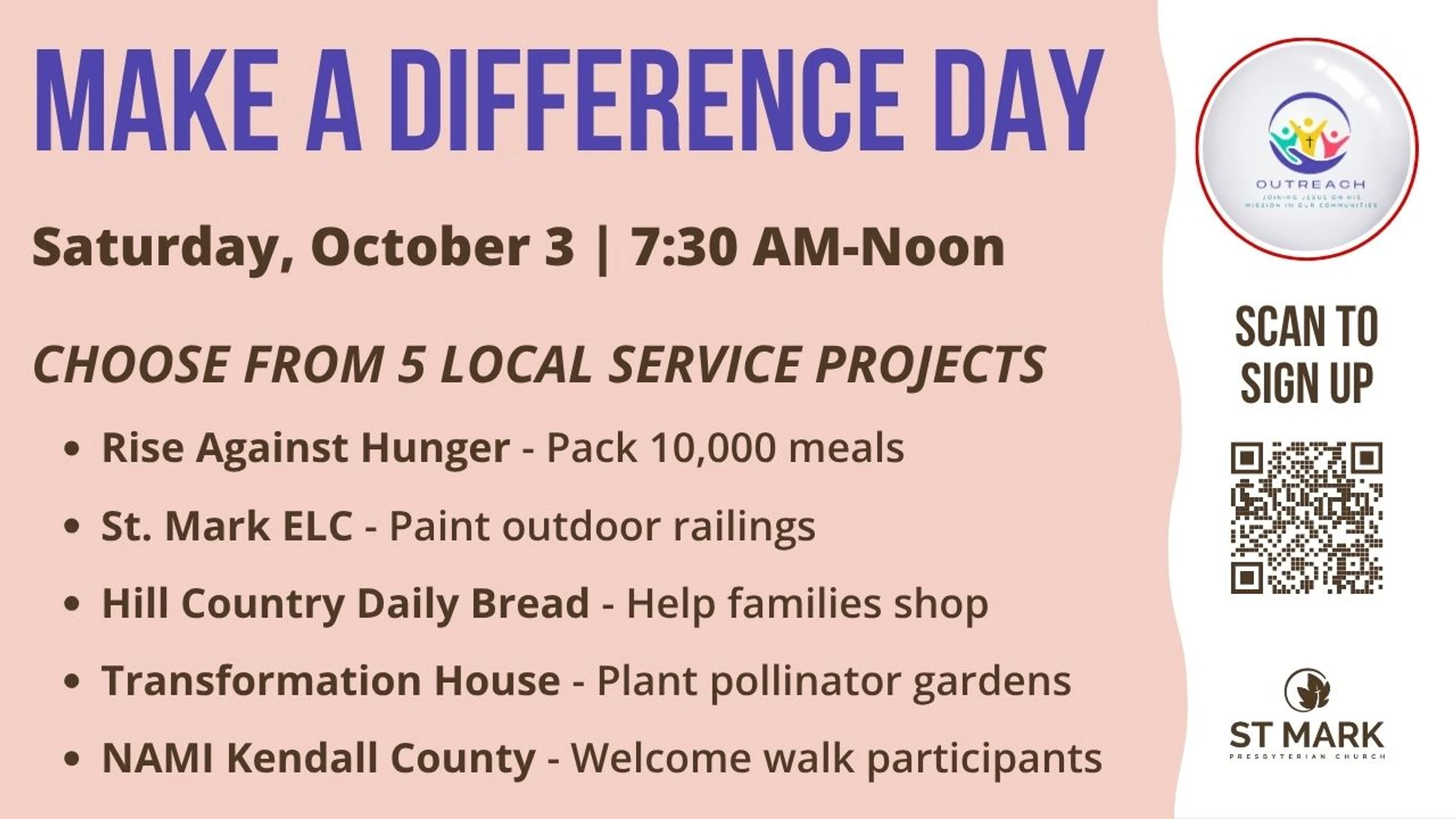 A flyer for Make a Difference Day on Saturday, October 3, listing five local service projects. Includes a QR code and logos for Outreach and St. Mark Church.