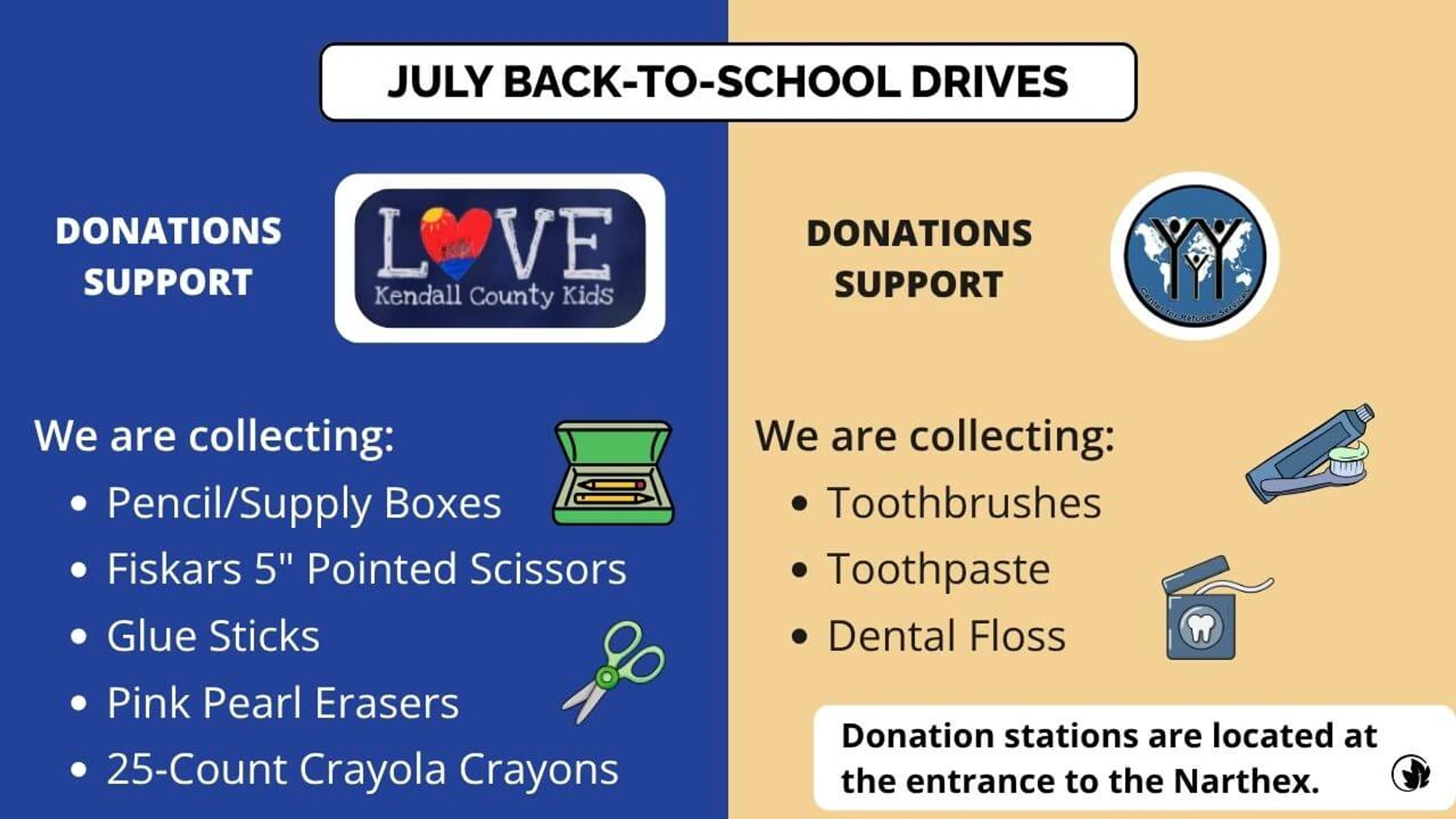 A flyer for July back-to-school drives, split into two sections. One asks for school supplies like crayons and scissors, the other asks for toiletries.