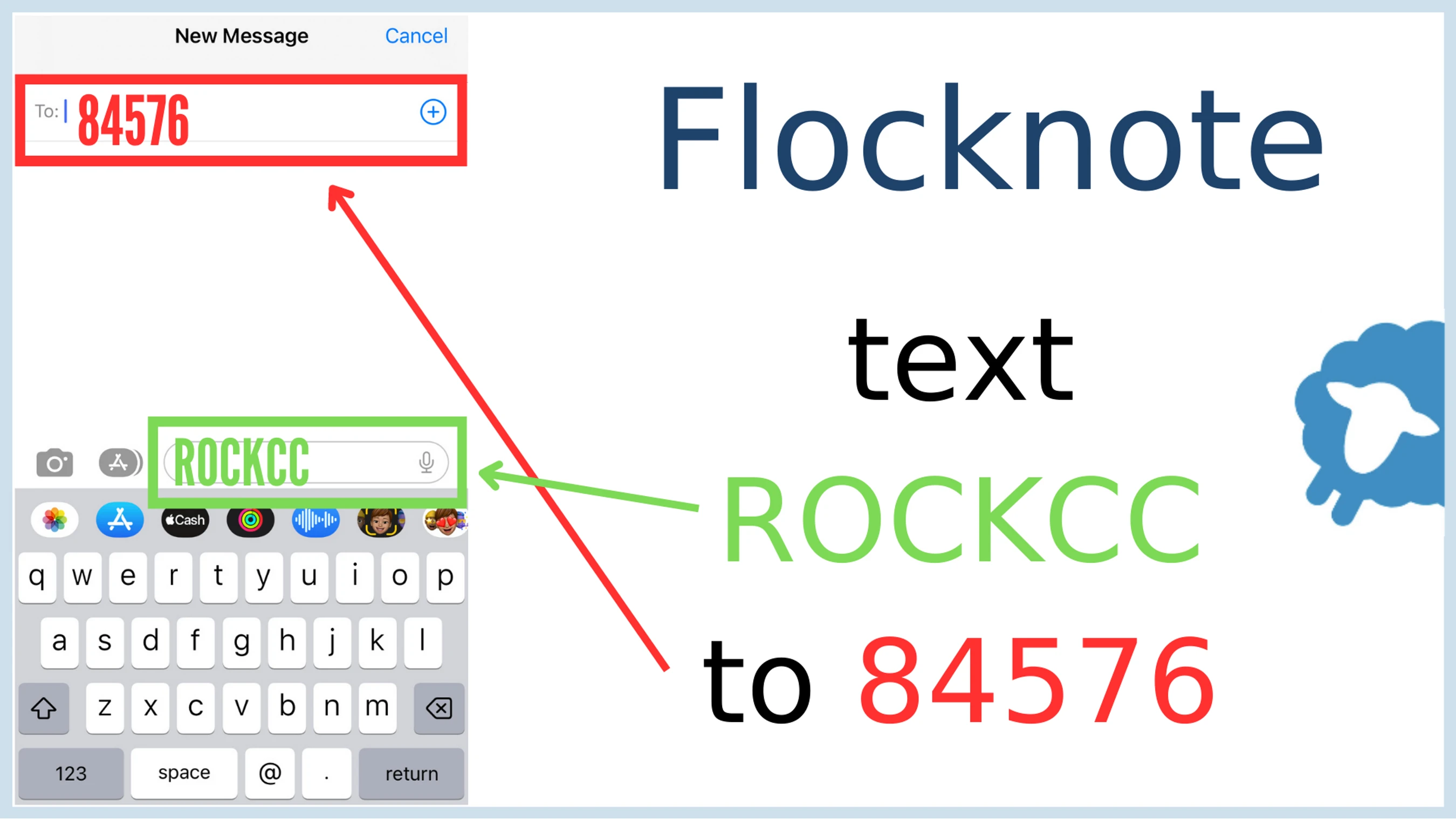 An instructional graphic showing how to join Flocknote by texting the word ROCKCC to the number 84576, with examples on a smartphone screen.