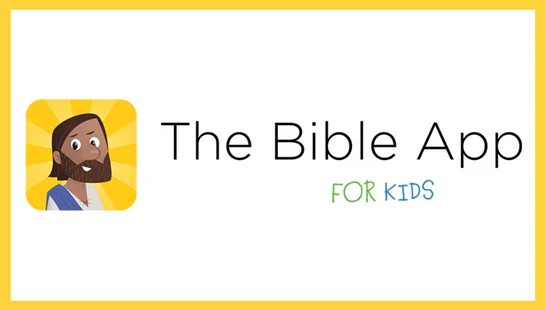 The logo for The Bible App for Kids, featuring a cartoon of a biblical figure next to the app's name, all within a yellow border.