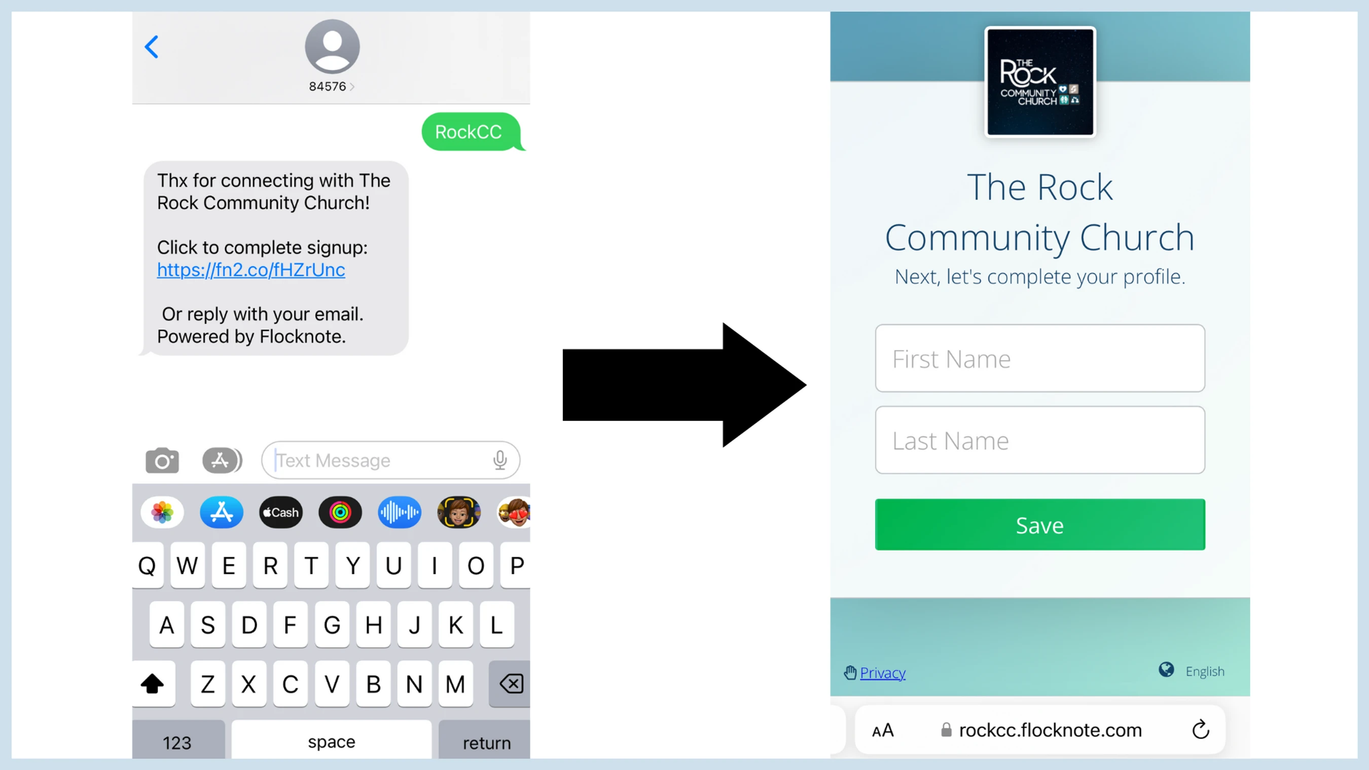A diagram shows a user texting a keyword to a church. They receive a reply with a link that opens a mobile web form to complete their profile.