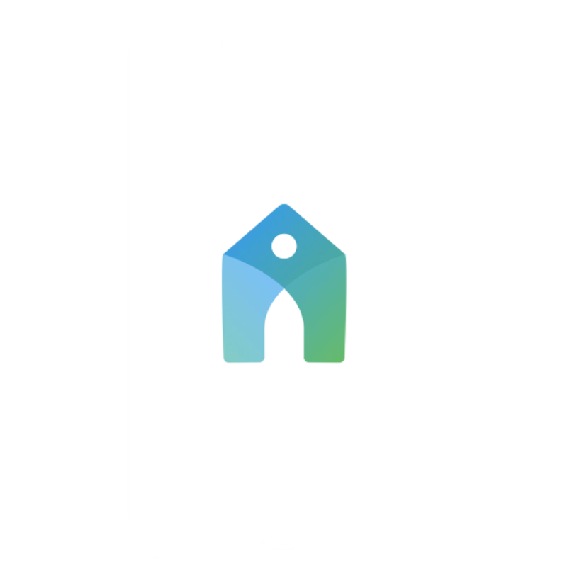A simple, abstract logo of a house shape with an archway. The icon features a smooth color gradient from blue to green on a white background.