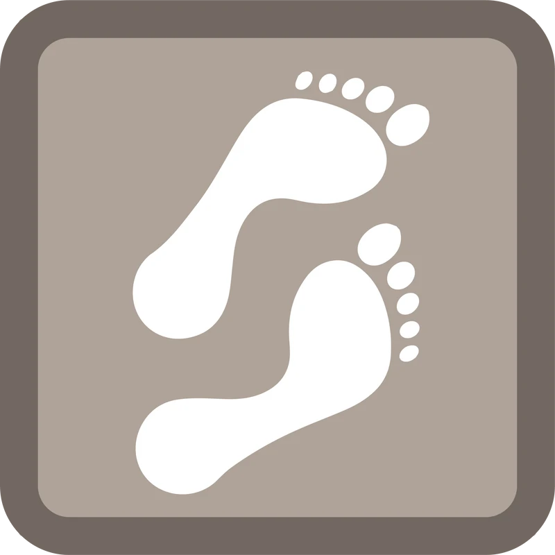 A simple icon showing two white footprints inside a rounded, taupe-colored square frame. The left and right feet are visible.