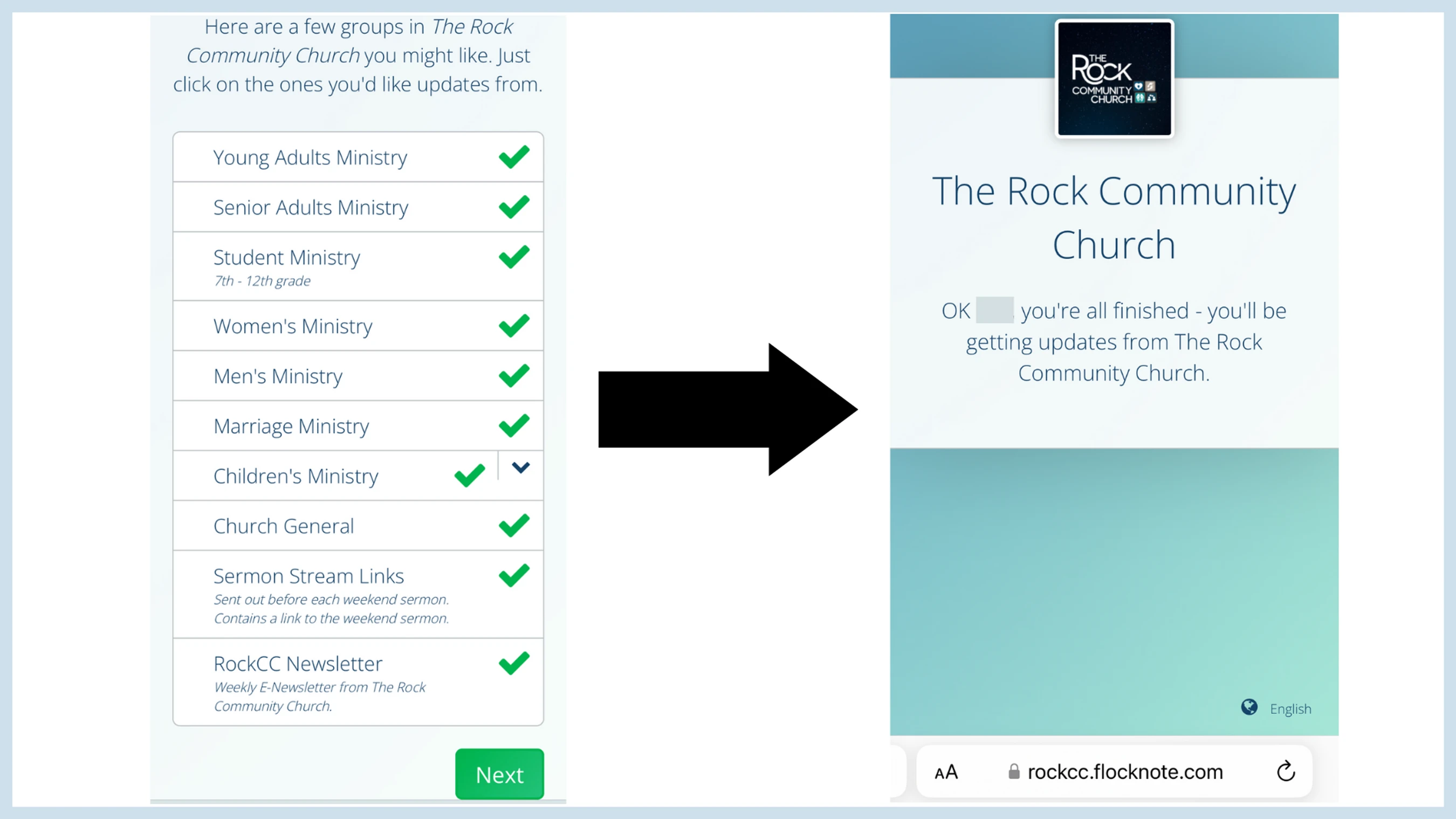 A two-step process showing a user selecting ministry groups on a church website, followed by a confirmation screen indicating the subscription was successful.
