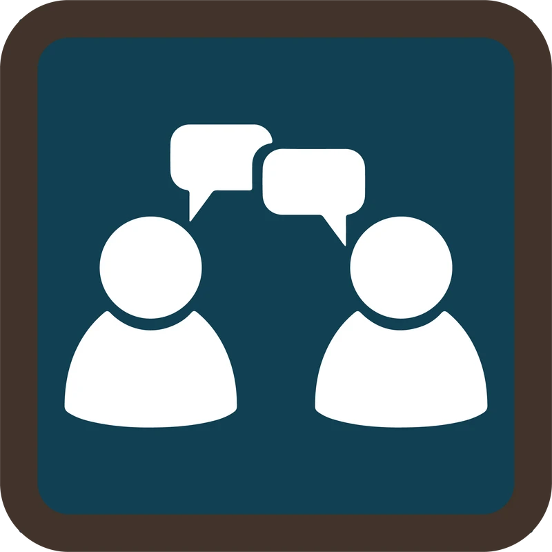 A graphic icon showing two white figures with speech bubbles above their heads, symbolizing conversation. The icon has a dark teal background and brown border.