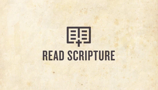 An icon of an open book over a plus sign with the words 'READ SCRIPTURE' below it, all in a dark color on a light, textured, parchment-like background.
