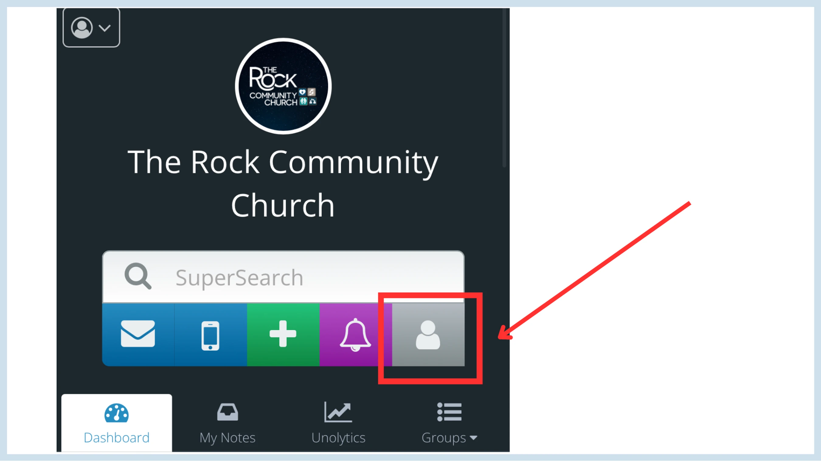 A screenshot of The Rock Community Church app menu. A red box and arrow highlight the 'People' icon, a gray button with a white person silhouette.