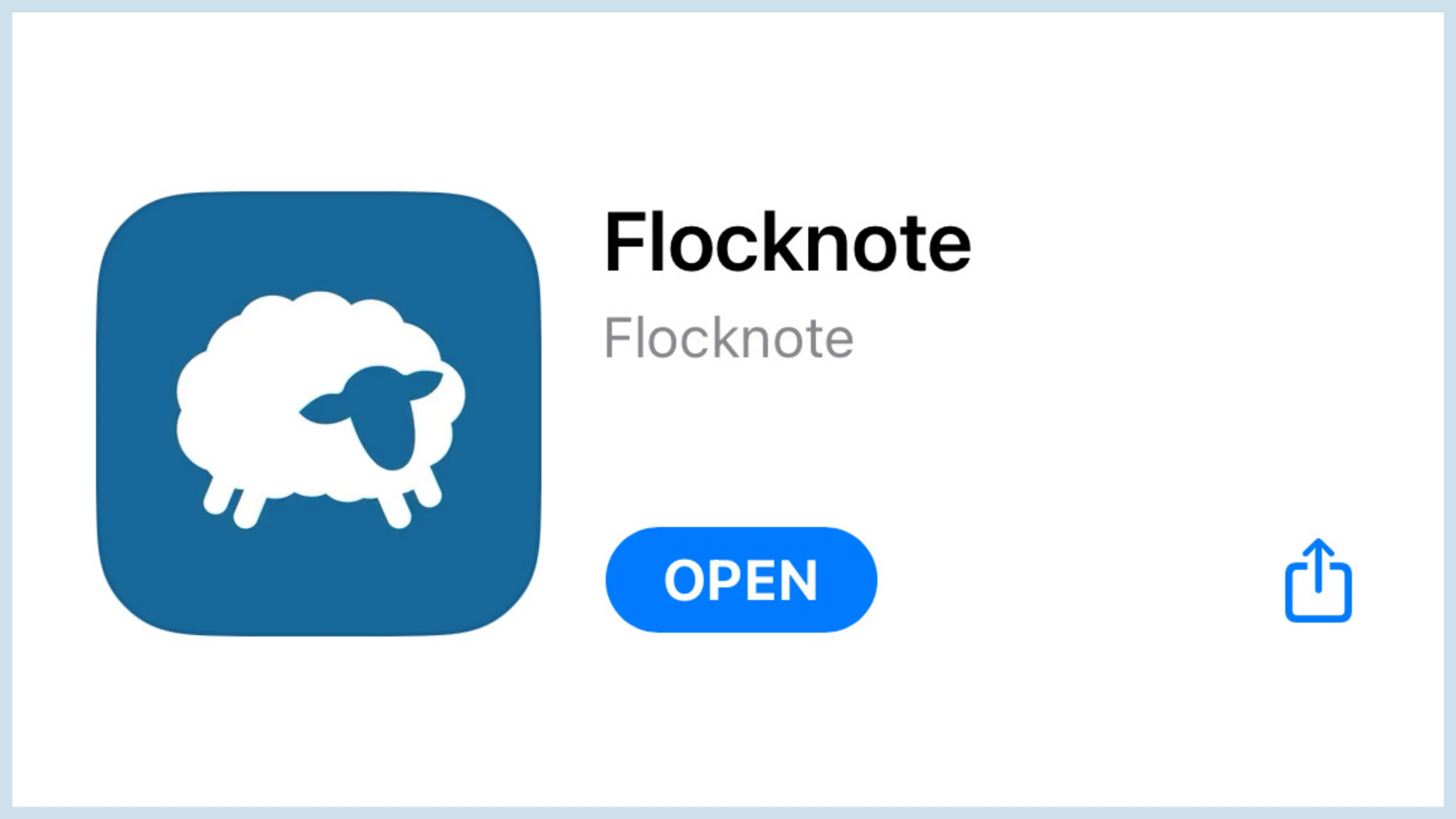 A screenshot of the Flocknote app in an app store. The icon is a white sheep on a blue background. An 'OPEN' button indicates the app is installed.