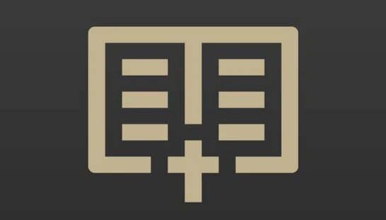 A minimalist tan icon of an open book with a Christian cross below it, set against a dark gray background.