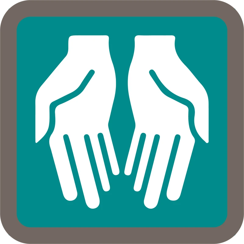 A stylized icon of two white hands with palms facing up, set against a teal square with a taupe border.