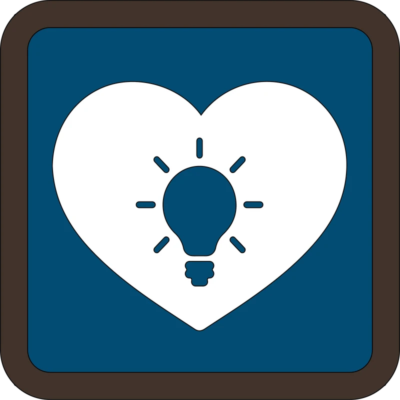 A graphic icon featuring a blue light bulb inside a white heart, set against a blue square background with a brown, rounded-corner frame.