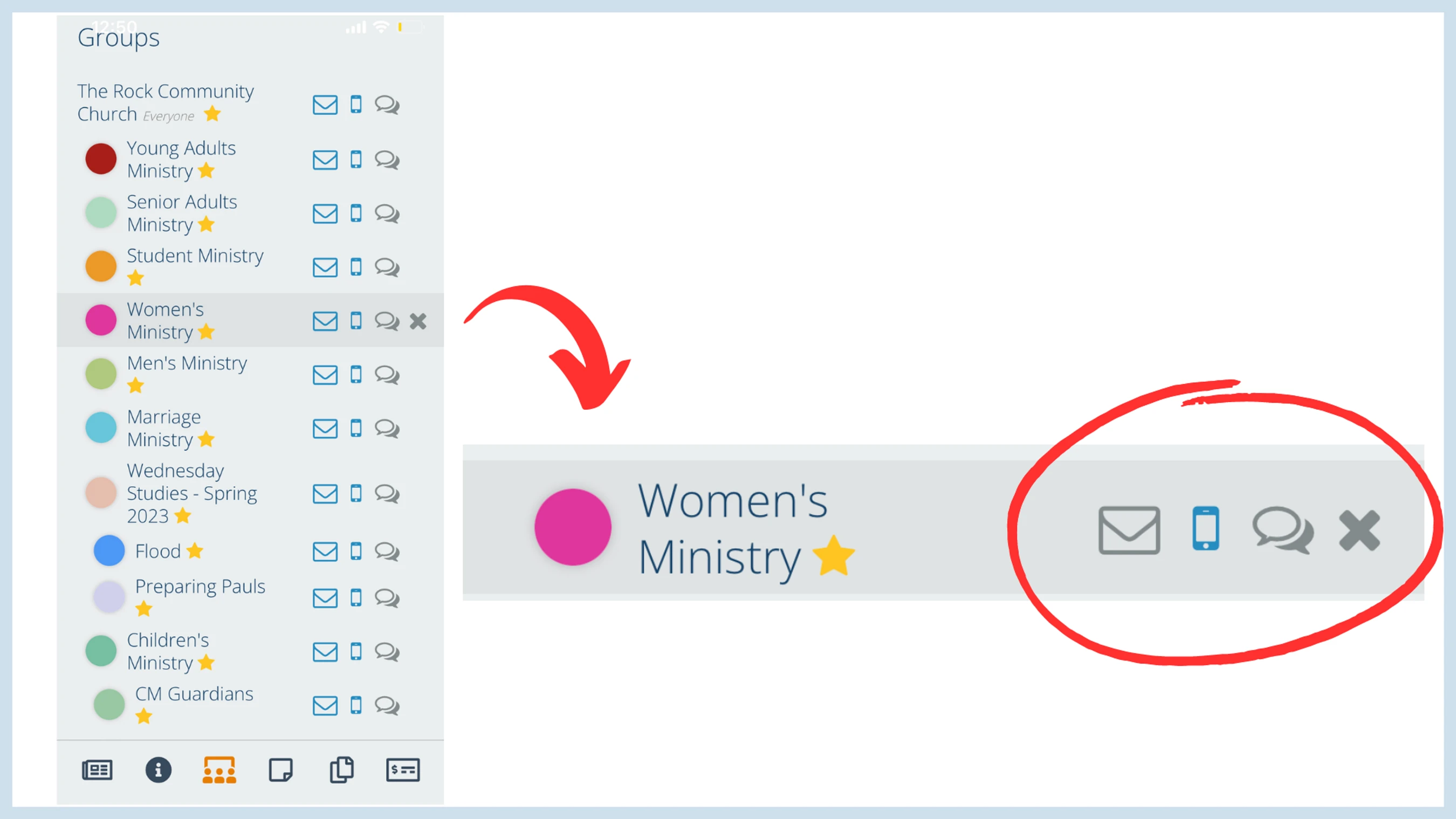 Screenshot of a group management screen. The 'Women's Ministry' group is highlighted, showing action icons to email, text, chat, or leave the group.