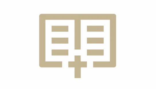 A beige, minimalist icon on a white background, depicting an open book with lines of text and a small Christian cross at the bottom center.