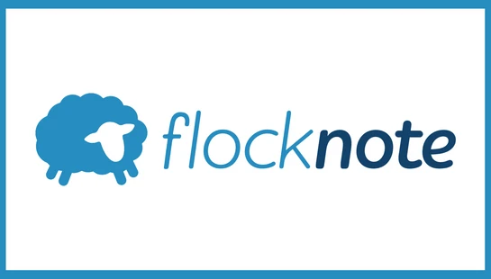 The Flocknote logo shows a blue sheep next to the word 'flocknote.' The logo is on a white background with a blue border.