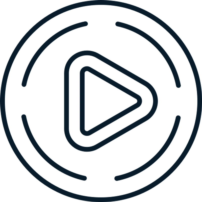 A dark blue line art icon of a play button, featuring a right-pointing triangle inside a circle with dashed arcs surrounding it.