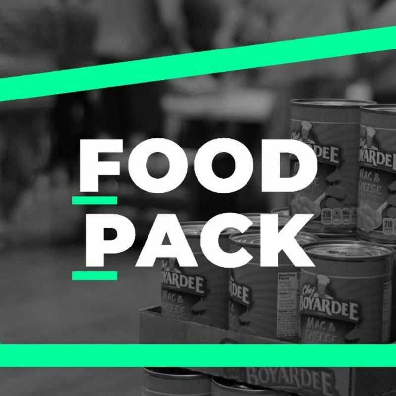 A black and white image of stacked cans of Chef Boyardee with a green graphic overlay and the text 'FOOD PACK' in white letters.