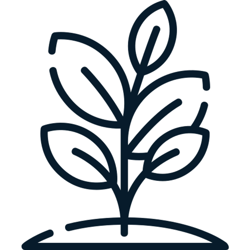 A simple, dark blue line drawing of a small plant with several leaves sprouting from a mound of soil. The icon represents growth and nature.