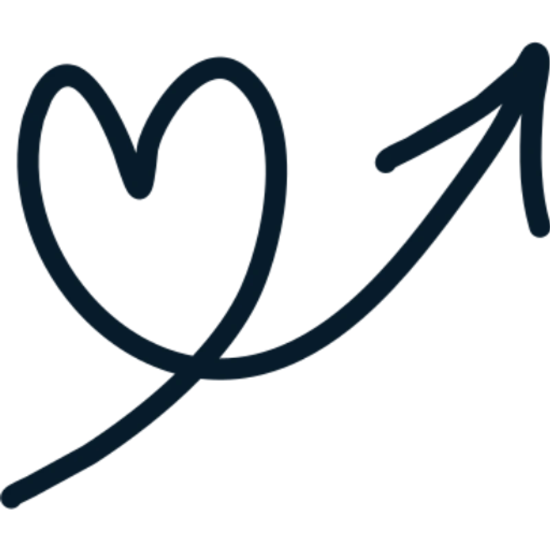 A simple, dark blue, hand-drawn icon of a heart with an arrow extending from it, pointing up and to the right, on a white background.