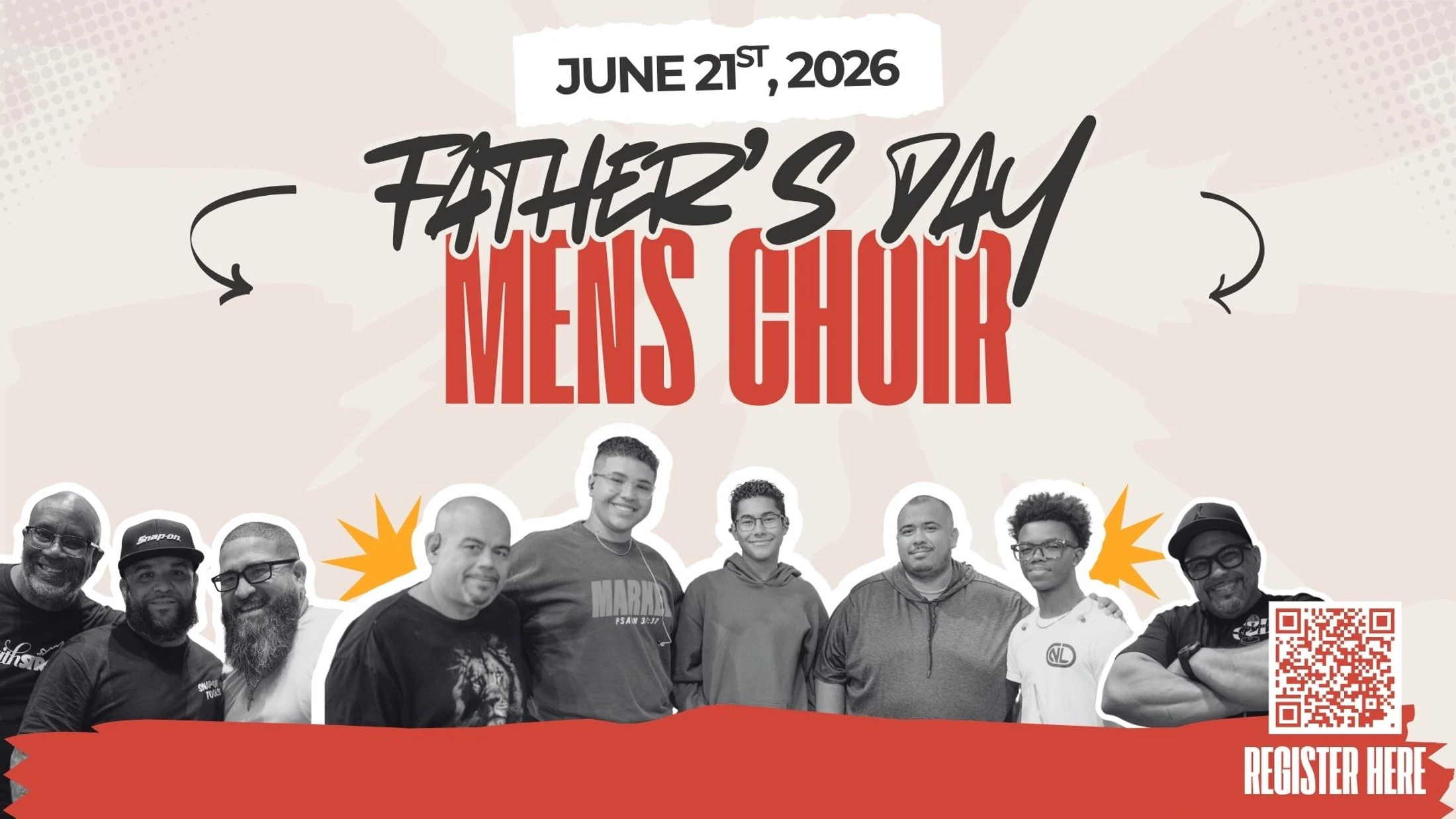 A poster for a Father's Day Men's Choir on June 21, 2026. It features black and white photos of smiling men and boys below the text and a QR code to register.