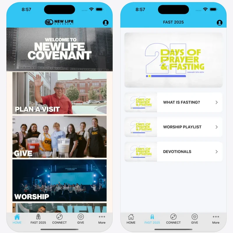 Two screenshots of a church mobile app. The left shows the homepage with visit, give, and worship options. The right shows an event page for prayer and fasting.