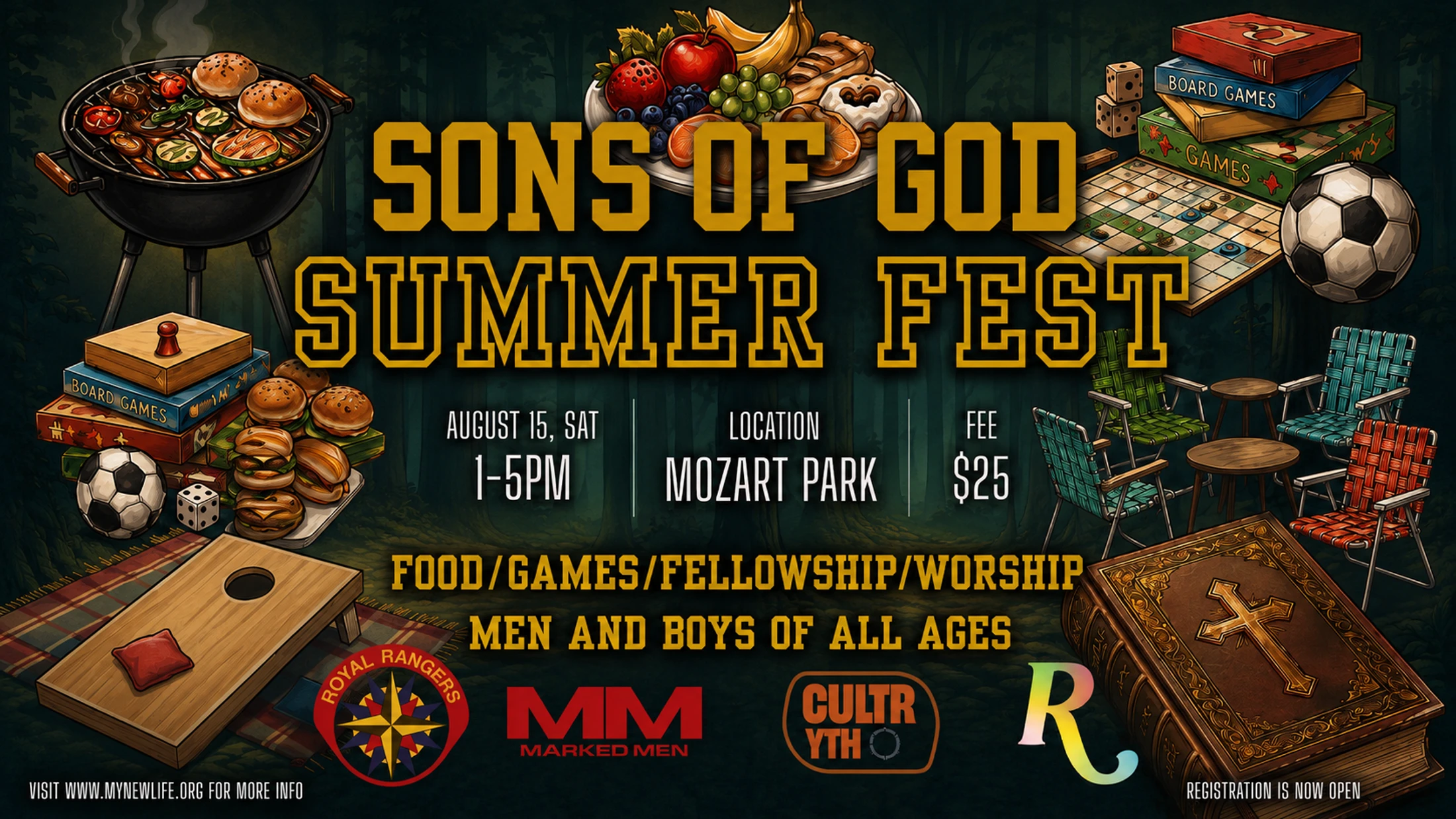 Promotional flyer for 'Sons of God Summer Fest' for men and boys, featuring illustrations of a BBQ, games, a Bible, and event details.