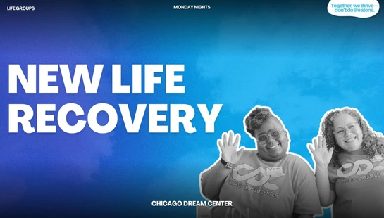 A promotional graphic for a New Life Recovery group, featuring two smiling women waving against a blue background with bold white text.