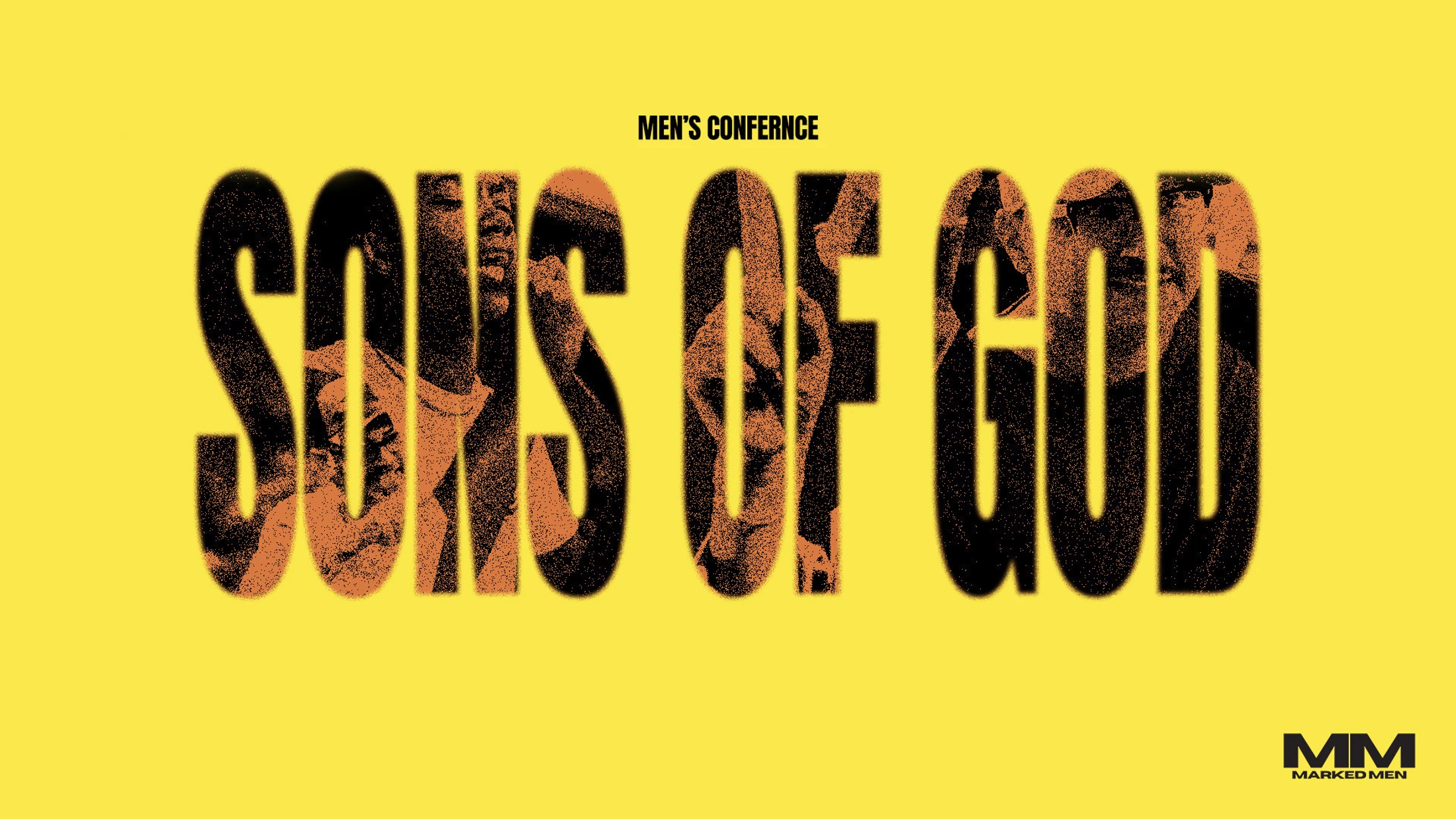 A promotional graphic on a yellow background. Large, textured black letters spell 'SONS OF GOD' over the smaller text 'MEN'S CONFERNCE'.