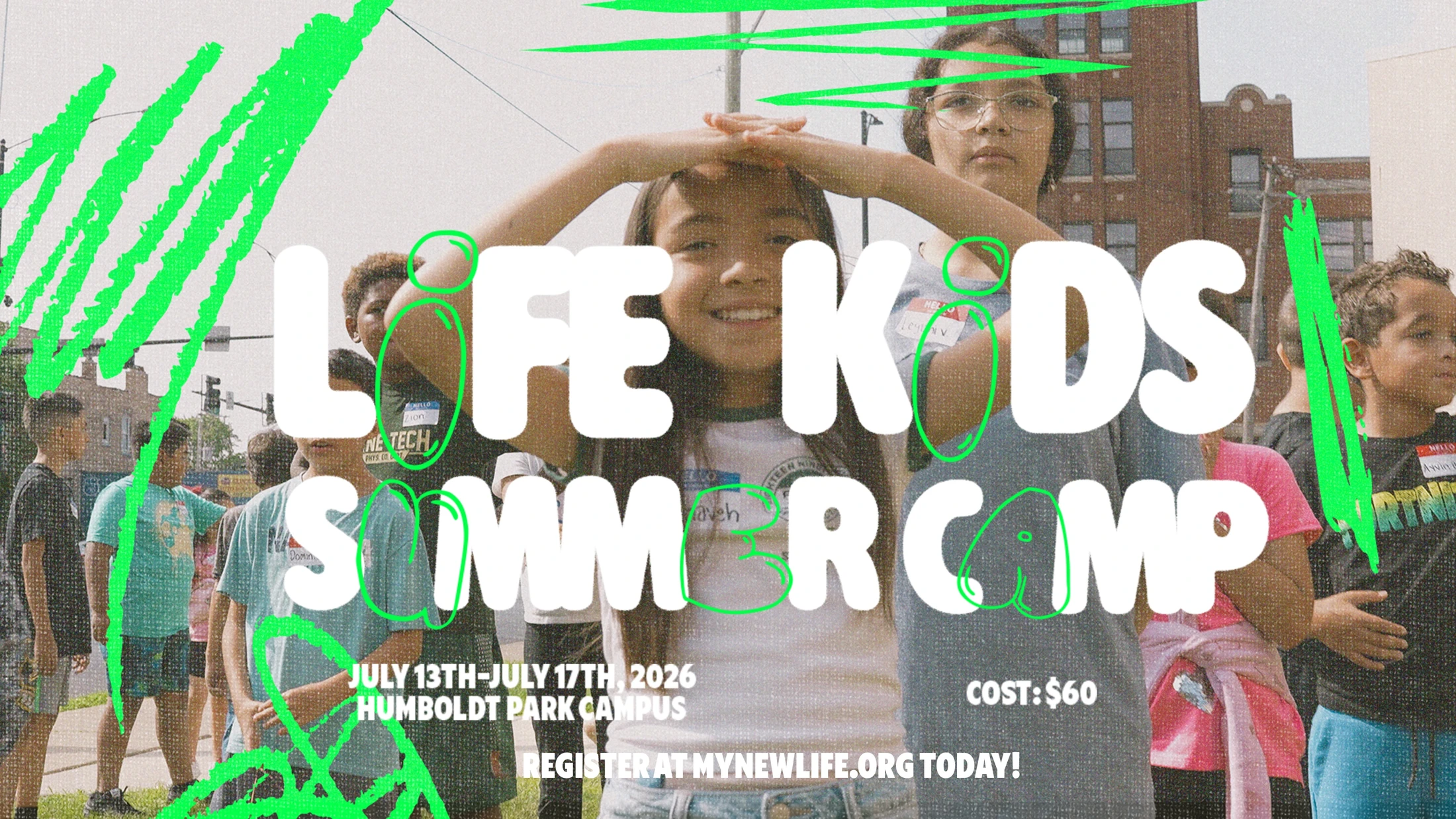 A flyer for Life Kids Summer Camp featuring a photo of a diverse group of smiling children, with event details and bright green graphic scribbles.