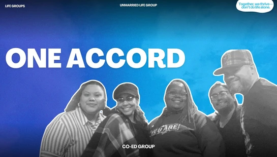 A promotional graphic for the 'One Accord' Unmarried Life Group. It shows a diverse group of five smiling adults against a blue background.