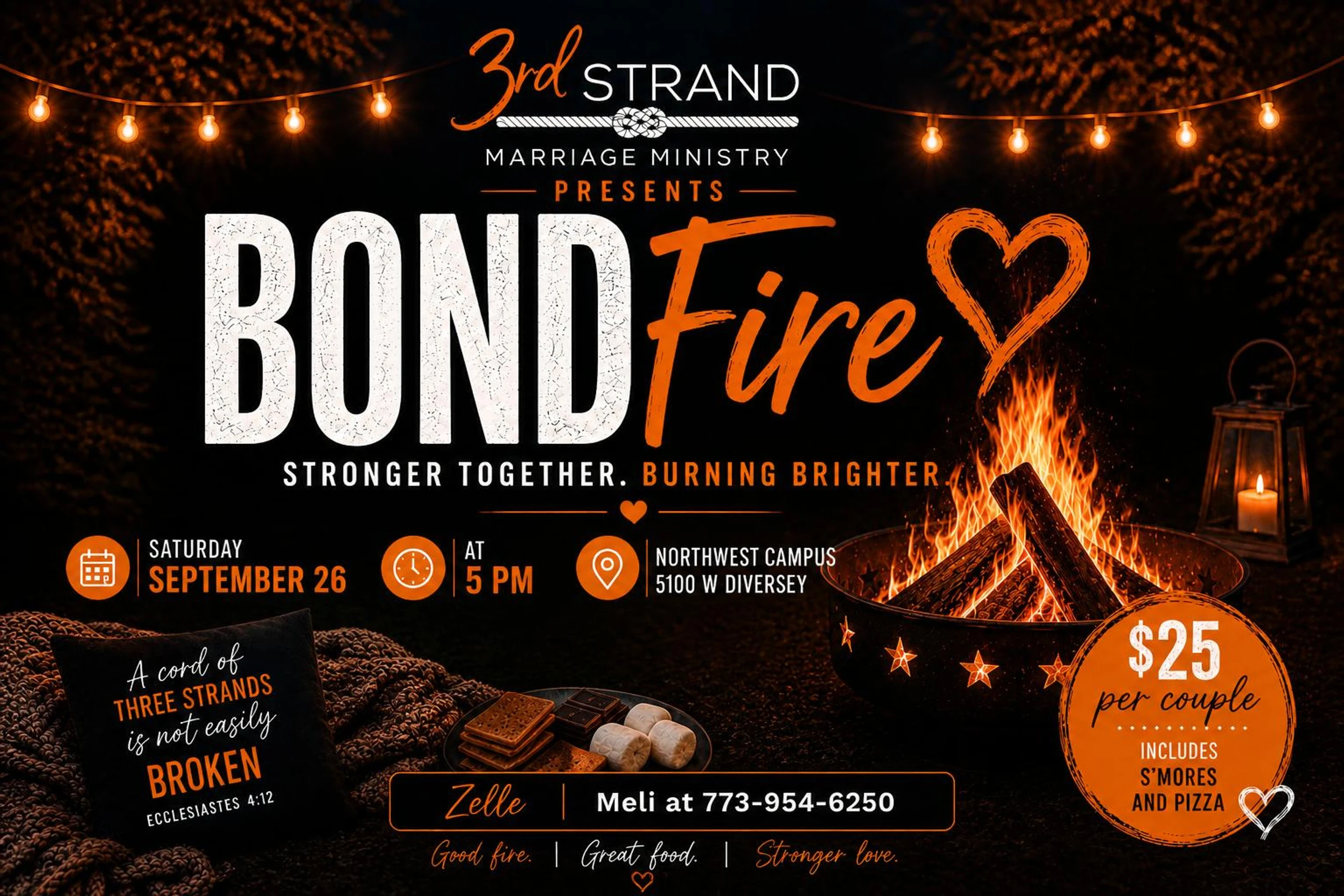 A flyer for a 'Bond Fire' marriage ministry event, showing a bonfire, string lights, and s'mores. Event is on September 26 for $25 per couple.