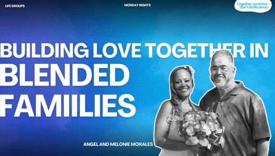 A promotional graphic for a life group with a black and white photo of a smiling couple, Angel and Melonie Morales, against a blue gradient background.