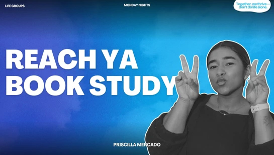 Promotional graphic for Reach YA Book Study. A young woman makes peace signs with both hands against a blue gradient background.