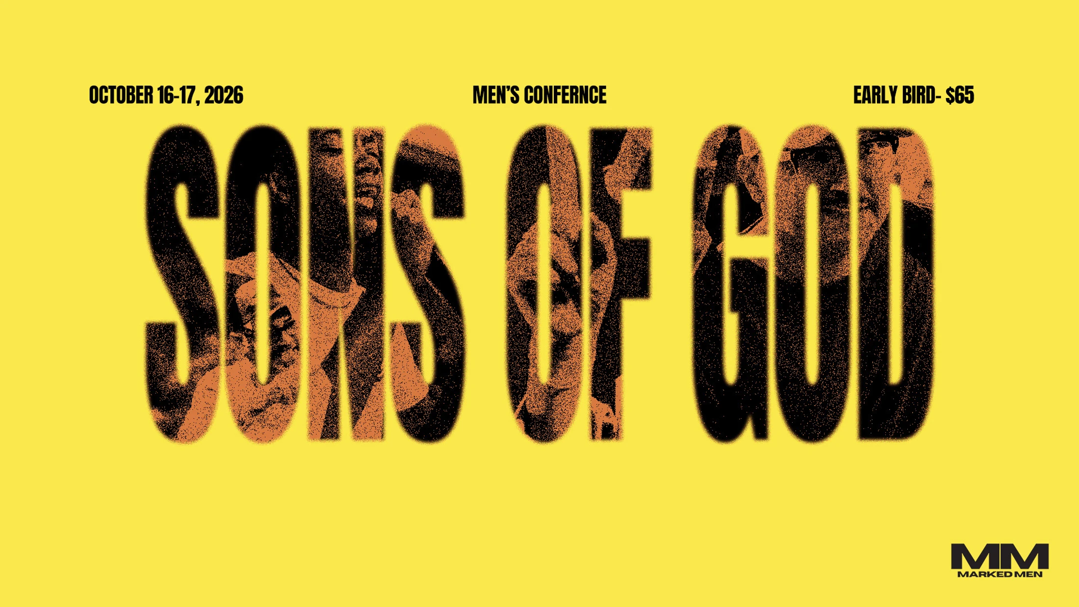 A bright yellow promotional graphic for the 'Sons of God' Men's Conference. The title is in a large, black, textured font. The date and price are listed above.