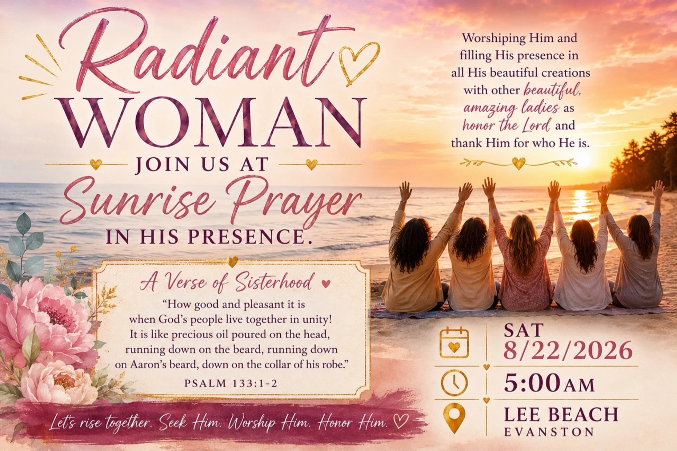 Flyer for 'Radiant Woman Sunrise Prayer' showing five women on a beach at sunrise with hands raised. Event is Sat, 8/22/2026 at 5 AM at Lee Beach.