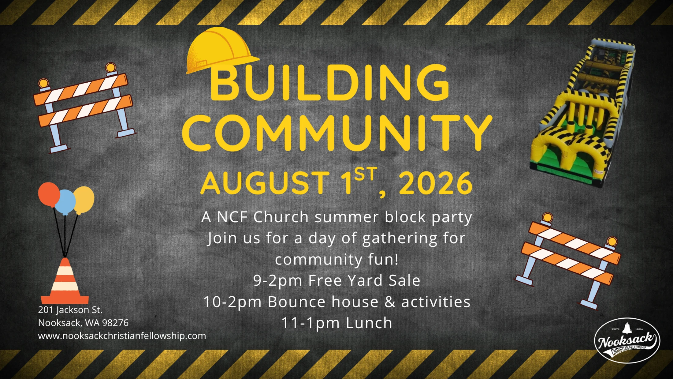 A construction-themed flyer for a 'Building Community' block party on August 1st, 2026, with a yard sale, bounce house, activities, and lunch.