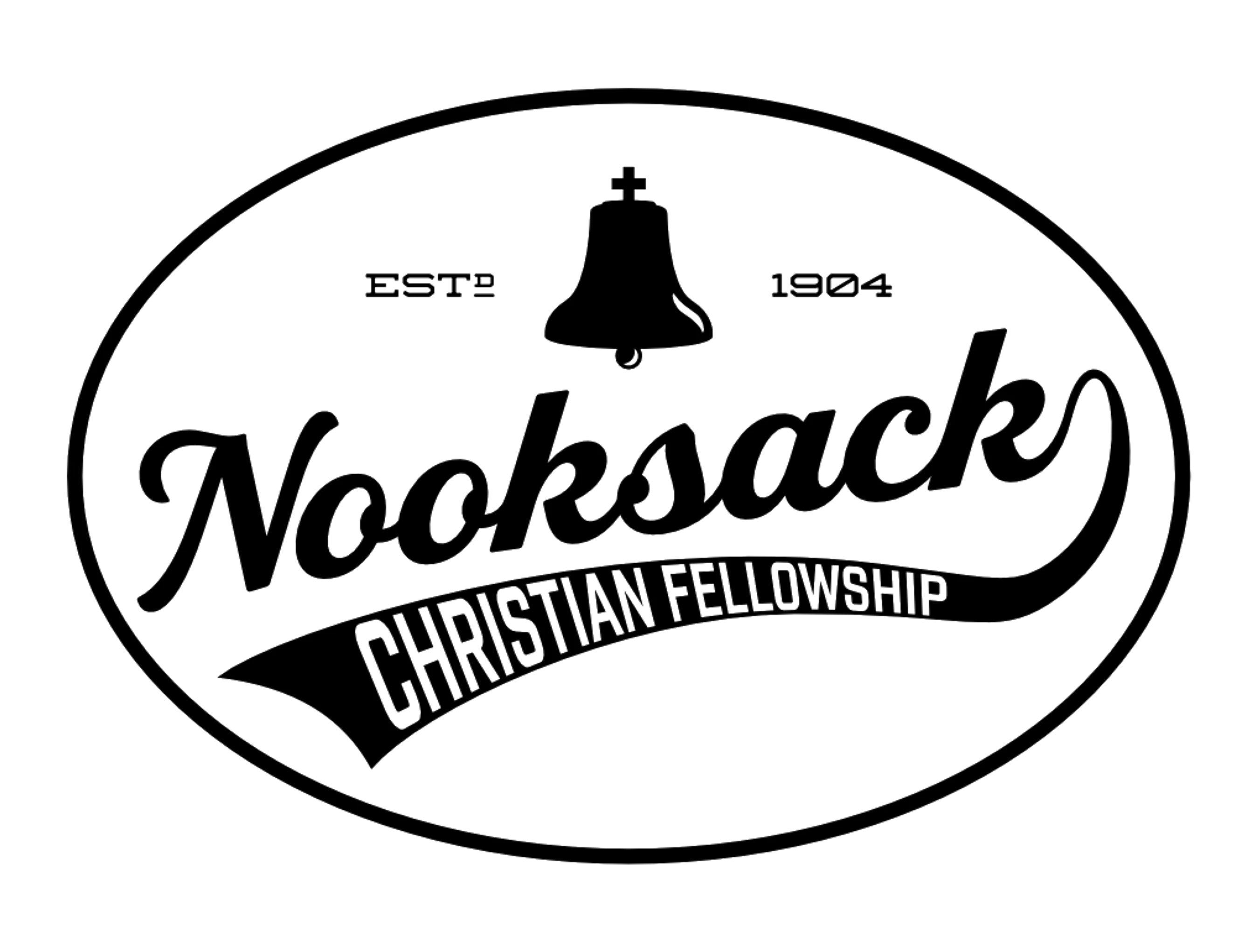 A black and white logo for Nooksack Christian Fellowship featuring a church bell and script text inside an oval border, established in 1904.