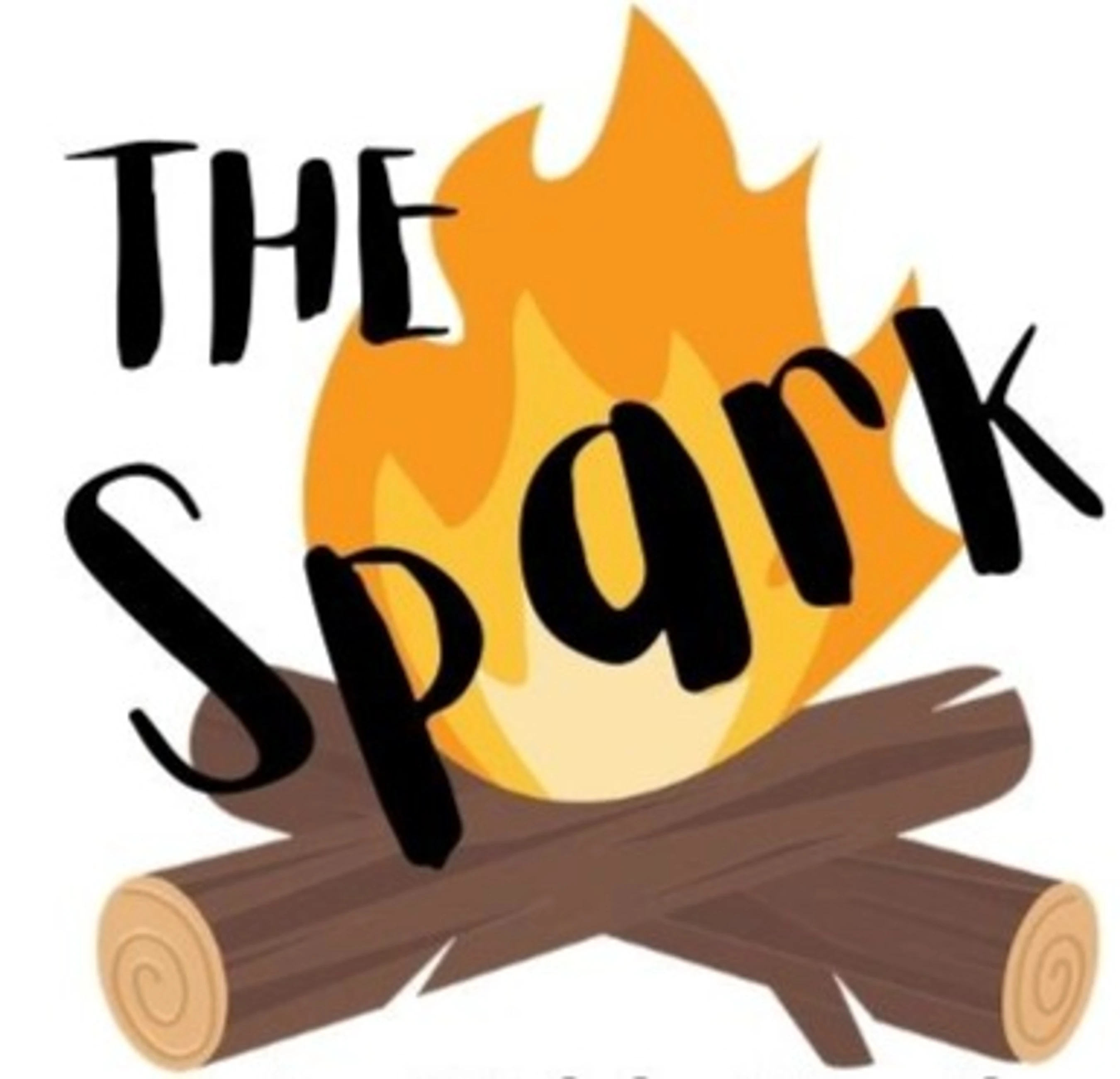 A logo featuring a cartoon campfire with two logs. The words 'THE Spark' are written in a black, handwritten font over the bright orange and yellow flames.