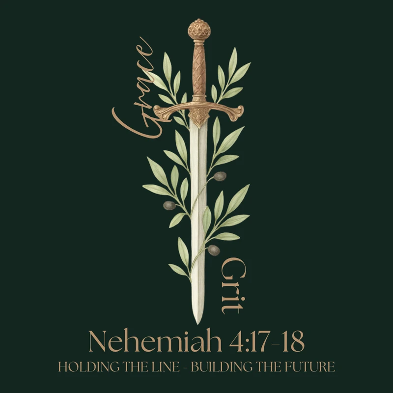 An illustration of a sword with an olive branch wrapped around it. The words 'Grace' and 'Grit' are on either side, with a Bible verse from Nehemiah below.
