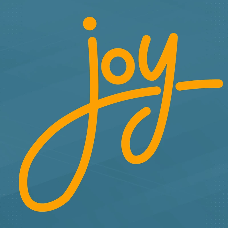 The word 'joy' is written in a continuous, flowing orange script on a textured, dark teal background with a halftone dot pattern on the sides.
